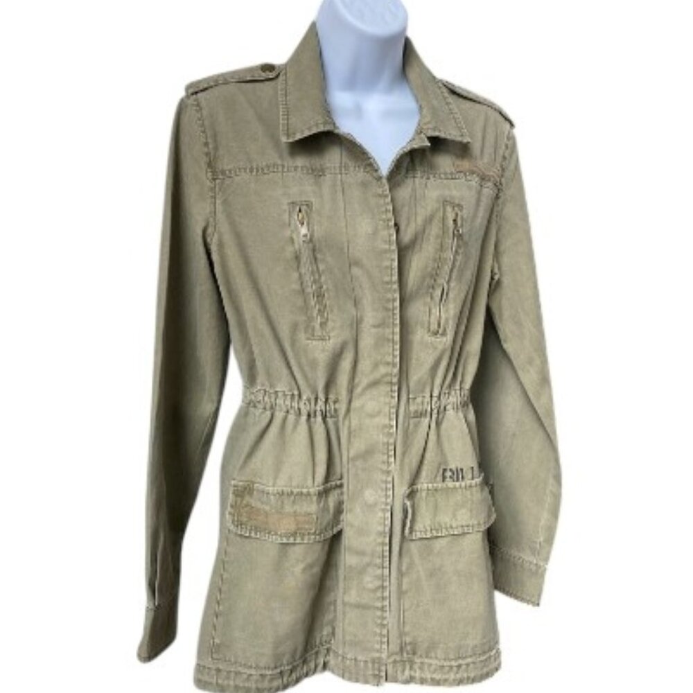 Billabong Long Utility Jacket Sage/Olive Green Pockets Snap Front Sz M #06